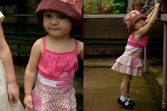 Summer hat, cotton; one-of-a-kind dress, upcycled fabric.